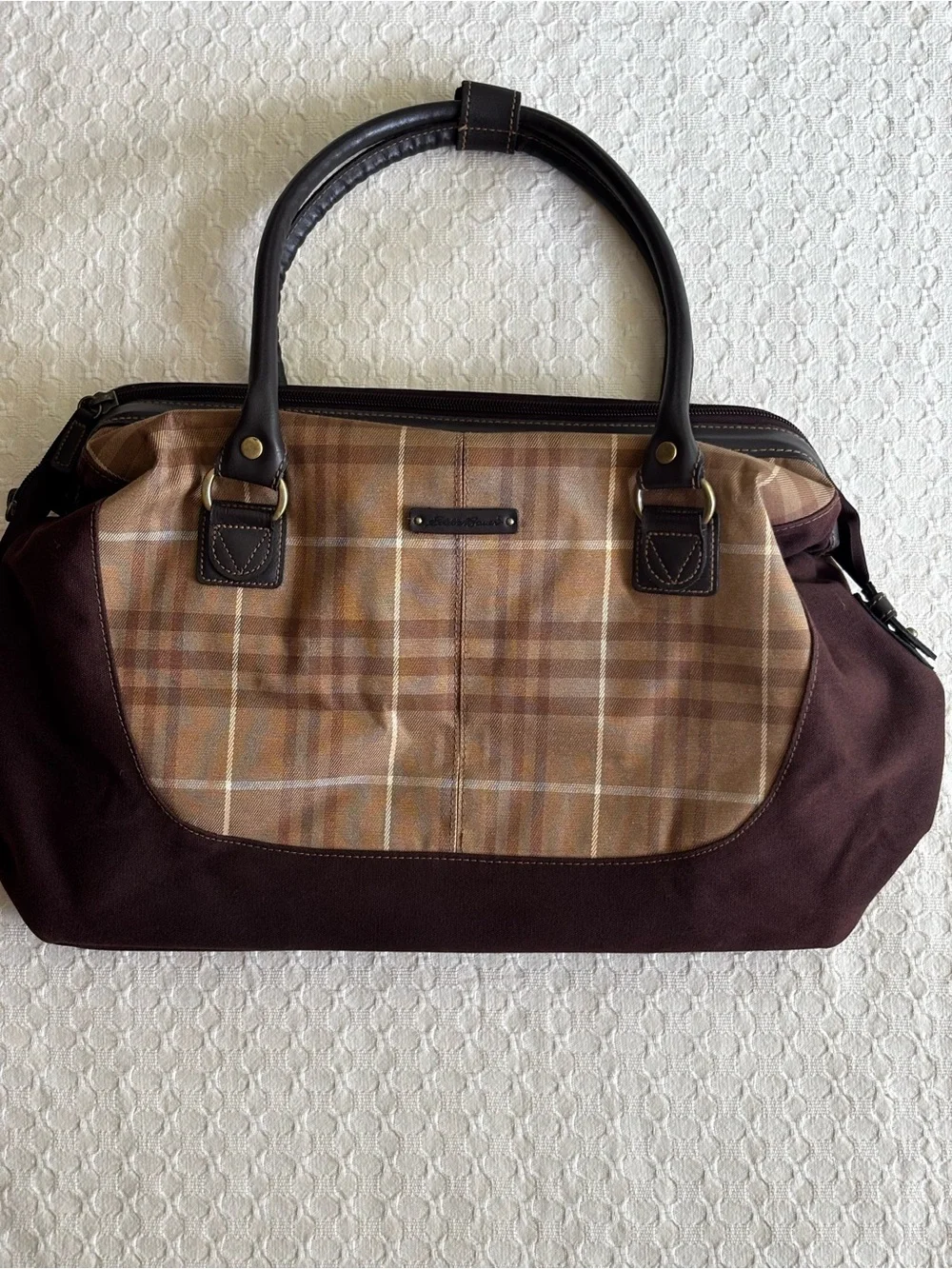 Eddie Bauer Brown Plaid Canvas Duffel Bag with Dark Trim